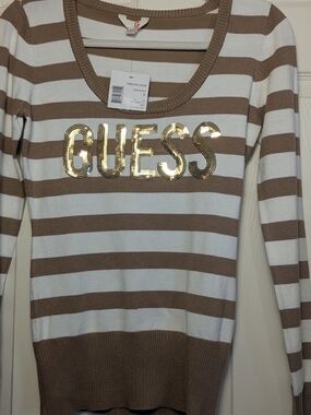 GUESS Chianna Scoop Neck Striped Sequin Logo Sweater Small